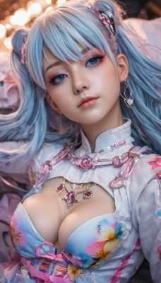 1girl,solo,long hair,breasts,looking at viewer,bangs,blue eyes,large breasts,hair ornament,cleavage,twintails,jewelry,medium breasts,closed mouth,blue hair,upper body,earrings,belt,artist name,necklace,blurry,two side up,lips,clothing cutout,eyelashes,makeup,floral print,cleavage cutout,gem,eyeshadow,realistic,nose,mascara,depth of field,blurry background,expressionless