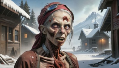 HQ,1girl,solo,looking at viewer,open mouth,brown eyes,upper body,white hair,grey hair,outdoors,sky,teeth,day,tree,orange eyes,blood,sharp teeth,goggles,building,portrait,snow,monster,blood on face,snowing,house,bare tree,horror (theme),yellow eyes,cloud,heterochromia,scenery,goggles on head,mountain,realistic,old,lamppost,extra eyes,old woman,wrinkled skin