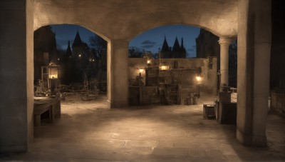 HQ,outdoors,sky,tree,no humans,window,night,chair,table,building,night sky,scenery,lantern,stairs,city,door,road,lamp,candle,house,lamppost,arch,fantasy,dark,pillar,castle,throne,candlestand,column,stone floor