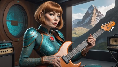 1girl,solo,breasts,looking at viewer,short hair,bangs,blue eyes,brown hair,holding,medium breasts,sitting,upper body,sky,day,cloud,indoors,armor,lips,bodysuit,makeup,bob cut,lipstick,shoulder armor,instrument,mountain,realistic,nose,music,guitar,red lips,playing instrument,holding instrument,electric guitar,blue bodysuit,blonde hair,window,freckles,plectrum