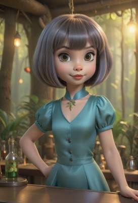 1girl,solo,looking at viewer,smile,short hair,bangs,brown hair,dress,brown eyes,closed mouth,standing,collarbone,upper body,short sleeves,grey hair,puffy sleeves,artist name,indoors,signature,blunt bangs,nail polish,blurry,puffy short sleeves,lips,hand on hip,eyelashes,makeup,detached collar,depth of field,blurry background,blue dress,table,bob cut,bottle,plant,lipstick,child,nose,red lips,female child,choker,flat chest,tree,watermark,web address,lamp