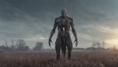 solo,1boy,standing,outdoors,sky,cloud,tree,no humans,glowing,cloudy sky,grass,robot,claws,science fiction,monster,alien,horror (theme),scenery,1other,ribs,skeleton,fog,undead