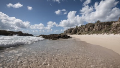 outdoors,sky,day,cloud,water,tree,blue sky,no humans,ocean,beach,cloudy sky,grass,nature,scenery,rock,mountain,sand,horizon,river,landscape,shore,waves,desert