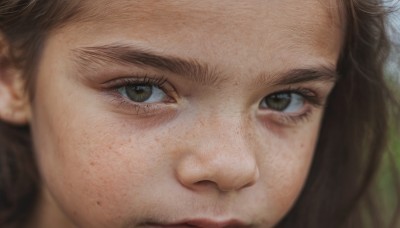 1girl,solo,looking at viewer,brown hair,1boy,brown eyes,closed mouth,male focus,blurry,lips,eyelashes,depth of field,portrait,close-up,freckles,realistic,eye focus,green eyes,nose