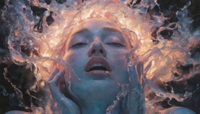 1girl,solo,looking at viewer,open mouth,blonde hair,1boy,teeth,water,black eyes,lips,hands up,colored skin,half-closed eyes,portrait,freckles,realistic,nose,blue skin,hands on own face,hands on own cheeks,long hair,closed eyes,parted lips,eyelashes,facing viewer,close-up