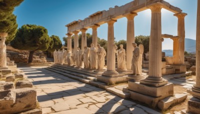 outdoors,sky,day,cloud,water,tree,blue sky,no humans,shadow,ocean,building,scenery,stairs,horizon,road,pillar,statue,arch,column,sunlight,shade,pavement