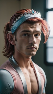 solo,looking at viewer,short hair,brown hair,1boy,brown eyes,closed mouth,upper body,male focus,hairband,indoors,blurry,black eyes,vest,lips,window,blurry background,facial hair,tiara,freckles,realistic,nose,mustache,blue eyes,cosplay,headband,crown,manly