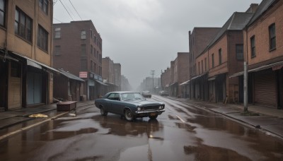 outdoors,sky,day,cloud,no humans,window,cloudy sky,ground vehicle,building,scenery,motor vehicle,reflection,rain,city,sign,car,road,house,vehicle focus,power lines,lamppost,street,utility pole,puddle,grey sky,truck