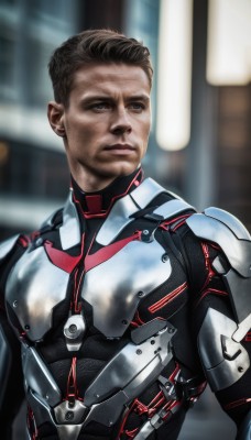 solo,short hair,brown hair,black hair,1boy,brown eyes,closed mouth,upper body,male focus,dark skin,armor,blurry,lips,looking to the side,bodysuit,blurry background,science fiction,realistic,dirty,superhero,dirty face,artist name,muscular,facial hair,power armor