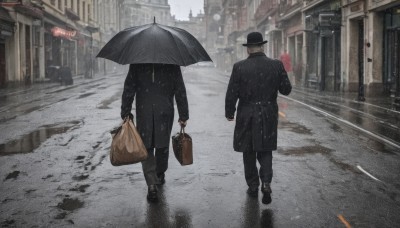 short hair,black hair,gloves,long sleeves,hat,holding,jacket,male focus,outdoors,multiple boys,pants,2boys,bag,from behind,black footwear,coat,black jacket,black headwear,umbrella,black pants,ground vehicle,building,scenery,motor vehicle,snow,walking,rain,black coat,snowing,holding umbrella,city,road,holding bag,street,shopping bag,shared umbrella,briefcase,black umbrella,shoes,day,blurry,formal,suit,sign,facing away,lamppost,puddle,pavement,sidewalk