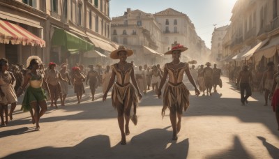 short hair,multiple girls,hat,navel,jewelry,outdoors,multiple boys,day,midriff,dark skin,dark-skinned female,shadow,6+girls,sandals,building,walking,6+boys,city,straw hat,road,street,crowd,very dark skin,long hair,barefoot,scenery