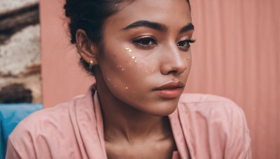 1girl,solo,short hair,shirt,black hair,jewelry,upper body,earrings,indoors,dark skin,blurry,black eyes,dark-skinned female,lips,eyelashes,blurry background,portrait,freckles,pink shirt,realistic,nose,very dark skin,makeup,piercing,ear piercing