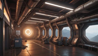 indoors,no humans,window,robot,scenery,science fiction,mountain,cable,cockpit,sky,day,cloud,mecha,machinery,wooden floor