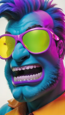 solo,open mouth,simple background,shirt,1boy,white background,jewelry,blue hair,pink hair,purple hair,male focus,multicolored hair,earrings,glasses,teeth,collared shirt,colored skin,facial hair,sunglasses,portrait,beard,close-up,realistic,blue skin,furry male,tinted eyewear,mohawk,pink skin,afro