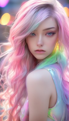 1girl,solo,long hair,looking at viewer,bangs,blue eyes,shirt,bare shoulders,jewelry,closed mouth,upper body,pink hair,multicolored hair,earrings,sleeveless,blurry,two-tone hair,lips,eyelashes,makeup,blurry background,wavy hair,realistic,nose,rainbow hair,parted lips,artist name,from side,gradient hair,depth of field,swept bangs,watermark,web address,eyeshadow,pink lips,bokeh,mascara