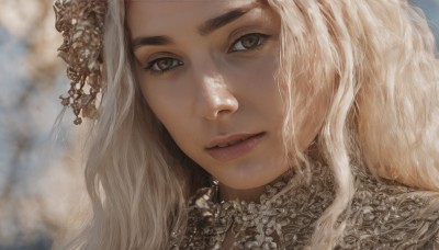 1girl,solo,long hair,looking at viewer,blonde hair,hair ornament,brown eyes,flower,white hair,parted lips,teeth,hair flower,blurry,lips,eyelashes,depth of field,blurry background,wavy hair,portrait,close-up,realistic