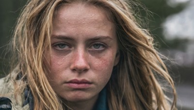 1girl,solo,long hair,looking at viewer,blonde hair,closed mouth,blurry,lips,grey eyes,depth of field,blurry background,messy hair,portrait,close-up,forehead,freckles,realistic,expressionless,wind,nose,dirty,dirty face