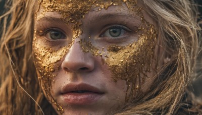 1girl,solo,long hair,looking at viewer,blue eyes,blonde hair,green eyes,parted lips,artist name,blurry,lips,eyelashes,watermark,portrait,web address,close-up,reflection,realistic,nose,gold,eye focus,closed mouth,white hair,freckles