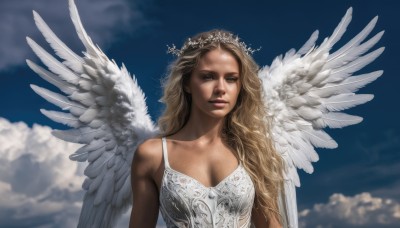 1girl,solo,long hair,breasts,blonde hair,brown hair,dress,cleavage,bare shoulders,brown eyes,medium breasts,upper body,wings,sky,day,cloud,white dress,blue sky,lips,wavy hair,feathered wings,angel wings,realistic,white wings,angel,head wreath,looking at viewer,halo,cloudy sky,curly hair