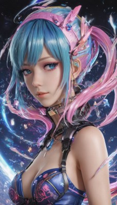 1girl,solo,long hair,breasts,looking at viewer,smile,bangs,blue eyes,hair ornament,cleavage,bare shoulders,twintails,jewelry,medium breasts,closed mouth,blue hair,upper body,pink hair,multicolored hair,hairband,earrings,choker,necklace,from side,two-tone hair,lips,looking to the side,eyelashes,makeup,gem,pink lips,realistic,nose,underwear,swimsuit,ponytail,sidelocks,bikini,parted lips,sleeveless,artist name,signature,bra,collar,gradient hair,floating hair,headgear,watermark,expressionless,pendant,eyeshadow,water drop,eyeliner,mascara