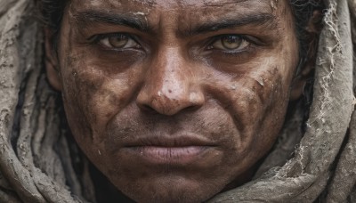 solo,looking at viewer,short hair,black hair,1boy,brown eyes,closed mouth,male focus,scarf,scar,portrait,scar on face,close-up,realistic,eye focus,parted lips,teeth,hood,facial hair,clenched teeth,hood up,stubble,straight-on