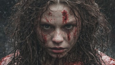 1girl,solo,long hair,looking at viewer,brown hair,black hair,closed mouth,black eyes,lips,wet,grey eyes,blood,messy hair,portrait,close-up,freckles,rain,injury,blood on face,blood on clothes,weapon,sword,eyelashes,makeup,wavy hair,serious,realistic,red lips,blood splatter