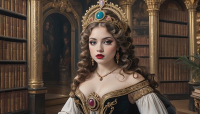 1girl,solo,long hair,breasts,looking at viewer,blue eyes,brown hair,dress,cleavage,bare shoulders,jewelry,medium breasts,closed mouth,upper body,earrings,detached sleeves,indoors,necklace,off shoulder,lips,grey eyes,book,makeup,wavy hair,chair,tiara,crown,plant,lipstick,gem,pendant,eyeshadow,curly hair,gold trim,bookshelf,red lips,potted plant,book stack,library,large breasts,brown eyes,realistic,red gemstone