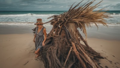 1girl,solo,long hair,looking at viewer,blonde hair,hat,dress,outdoors,sky,barefoot,sleeveless,day,cloud,water,ocean,beach,walking,sun hat,monster,sand,brown headwear,straw hat,smile,holding,jewelry,standing,horizon,grey dress,wide shot,waves,stick,shore,dirty feet