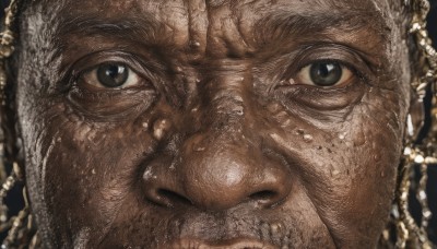 solo,looking at viewer,1boy,closed mouth,male focus,blurry,black eyes,lips,facial hair,portrait,close-up,realistic,old,old man,eye focus,brown eyes,jewelry,sweat,earrings,wet,beard