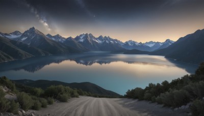 outdoors,sky,cloud,water,tree,no humans,night,grass,star (sky),nature,night sky,scenery,forest,starry sky,reflection,mountain,river,landscape,mountainous horizon,lake,artist name,watermark