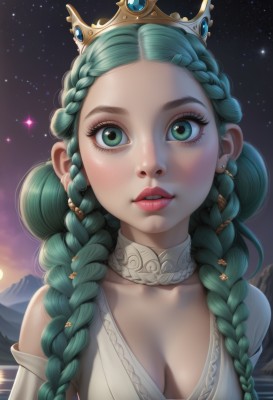 1girl,solo,long hair,breasts,looking at viewer,hair ornament,dress,cleavage,bare shoulders,jewelry,medium breasts,green eyes,collarbone,upper body,braid,earrings,outdoors,parted lips,green hair,sky,teeth,choker,artist name,water,hair bun,white dress,twin braids,aqua eyes,lips,eyelashes,aqua hair,makeup,night,watermark,tiara,crown,looking up,gem,star (sky),night sky,hair over shoulder,web address,forehead,starry sky,freckles,mountain,nose,white choker,mountainous horizon,lake,mascara,multiple braids,blush,deviantart username