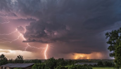 outdoors,sky,cloud,tree,no humans,cloudy sky,grass,building,nature,scenery,forest,sunset,mountain,electricity,house,lightning,landscape