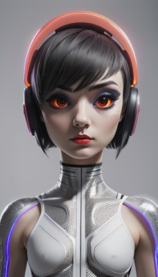 1girl,solo,breasts,looking at viewer,short hair,bangs,simple background,black hair,red eyes,closed mouth,upper body,small breasts,grey background,covered nipples,lips,eyelashes,bodysuit,makeup,swept bangs,headphones,lipstick,eyeshadow,freckles,science fiction,nose,red lips,eyeliner,cyborg,mascara,shiny,orange eyes,see-through,glowing,skin tight,shiny clothes,latex,neon trim