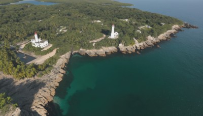 1girl,dress,outdoors,sky,water,white dress,tree,no humans,bird,ocean,grass,building,nature,scenery,horizon,road,watercraft,house,river,boat,landscape,lake,day,from above,forest,flag,ship,shore,lighthouse