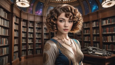 1girl,solo,breasts,looking at viewer,short hair,brown hair,cleavage,brown eyes,jewelry,medium breasts,collarbone,upper body,parted lips,sky,indoors,necklace,lips,gun,book,eyelashes,makeup,night,wavy hair,table,lipstick,star (sky),starry sky,curly hair,realistic,nose,bookshelf,red lips,library,dress,weapon,window,night sky