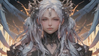 1girl,solo,long hair,looking at viewer,bangs,hair ornament,twintails,closed mouth,upper body,white hair,grey hair,wings,armor,lips,grey eyes,facial mark,portrait,forehead mark,parted lips,crown,shoulder armor,realistic,fantasy