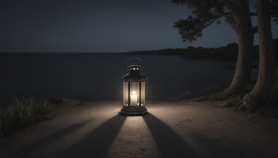 outdoors,sky,water,tree,no humans,night,shadow,glowing,ocean,grass,nature,night sky,scenery,lantern,horizon,light,road,lamp,dark,lake,path