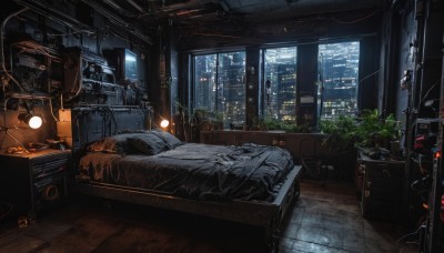 sky,indoors,cup,pillow,book,no humans,window,bed,night,chair,table,bottle,plant,curtains,building,scenery,couch,wooden floor,city,blanket,clock,potted plant,light,lamp,cityscape,cable,computer,bedroom,monitor,skyscraper,city lights,tree,bed sheet,science fiction,dark