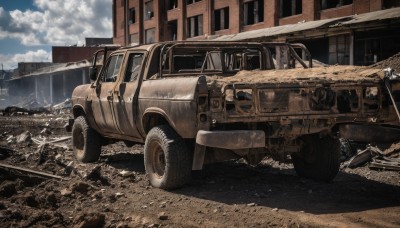 outdoors,sky,day,cloud,no humans,cloudy sky,ground vehicle,building,scenery,motor vehicle,city,realistic,car,road,ruins,vehicle focus,debris,broken glass,dust,wheel,truck,tire,broken window,blue sky,window