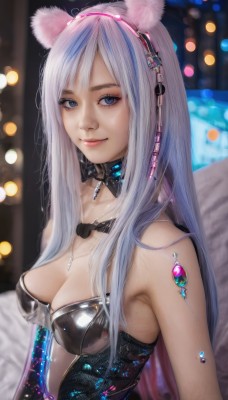 1girl,solo,long hair,breasts,looking at viewer,smile,bangs,blue eyes,bow,animal ears,cleavage,bare shoulders,jewelry,medium breasts,closed mouth,blue hair,tail,upper body,white hair,multicolored hair,hairband,choker,bowtie,blurry,leotard,lips,streaked hair,fox ears,eyelashes,strapless,black bow,makeup,detached collar,depth of field,blurry background,fake animal ears,headphones,gem,black leotard,strapless leotard,realistic,nose,mascara,collarbone,pink hair,artist name,cat ears,signature,necklace,rabbit ears,playboy bunny,light smile,pendant,black bowtie,pink lips,bokeh