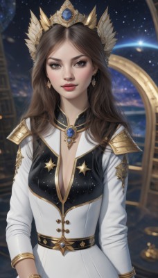 1girl,solo,long hair,breasts,looking at viewer,brown hair,long sleeves,dress,cleavage,brown eyes,jewelry,medium breasts,closed mouth,upper body,earrings,belt,artist name,star (symbol),white dress,bracelet,lips,makeup,tiara,crown,gem,star (sky),gold trim,realistic,nose,red lips,space,planet,gold,blush,bangs,hair ornament,parted bangs