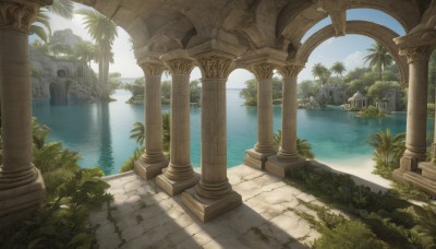 outdoors,sky,day,water,tree,blue sky,no humans,ocean,plant,building,scenery,palm tree,bush,ruins,pillar,arch,column,cloud,sunlight,grass,reflection,architecture,bridge,statue,overgrown