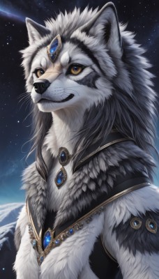 solo,long hair,1boy,animal ears,jewelry,closed mouth,yellow eyes,upper body,male focus,outdoors,sky,signature,necklace,fur trim,no humans,night,scar,brooch,gem,star (sky),night sky,scar on face,furry,starry sky,colored sclera,scar across eye,furry male,white fur,animal nose,wolf,blue gemstone,red gemstone,black fur,grey fur,teeth,artist name,animal,mountain,animal focus