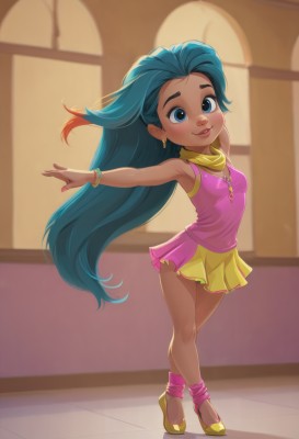 1girl,solo,long hair,breasts,looking at viewer,smile,blue eyes,skirt,dress,bare shoulders,jewelry,very long hair,blue hair,standing,full body,multicolored hair,earrings,small breasts,parted lips,shoes,sleeveless,socks,indoors,dark skin,armpits,necklace,scarf,nail polish,orange hair,bracelet,dark-skinned female,lips,makeup,blurry background,short dress,ring,crossed legs,outstretched arms,dancing,watson cross,tutu,yellow socks,blush,pleated skirt,miniskirt,window,aged down,pink skirt,bangle