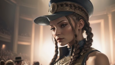 1girl,solo,long hair,looking at viewer,brown hair,hat,bare shoulders,brown eyes,upper body,braid,sleeveless,solo focus,dark skin,mole,blurry,twin braids,dark-skinned female,lips,grey eyes,mole under eye,black headwear,blurry background,portrait,realistic,nose,crowd,multiple braids,parted lips