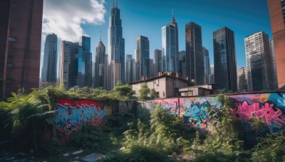 outdoors,sky,day,cloud,tree,blue sky,no humans,plant,building,scenery,city,cityscape,ruins,skyscraper,graffiti,overgrown,post-apocalypse,cloudy sky,skyline,real world location