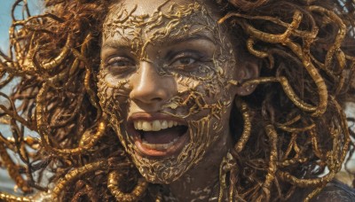 1girl,solo,long hair,looking at viewer,smile,open mouth,brown hair,brown eyes,teeth,dark skin,blurry,dark-skinned female,lips,portrait,curly hair,realistic,dreadlocks,1boy,male focus,sky,tongue,tongue out,armor,black eyes,eyelashes,close-up,gold