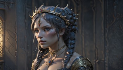 1girl,solo,long hair,blush,blue eyes,black hair,hair ornament,jewelry,closed mouth,blue hair,collarbone,upper body,braid,choker,artist name,indoors,necklace,armor,blurry,twin braids,lips,eyelashes,depth of field,blurry background,looking away,tiara,crown,shoulder armor,gem,portrait,freckles,circlet,realistic,nose,gold,breasts,bangs,cleavage,expressionless,looking afar,diadem