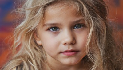 1girl,solo,long hair,looking at viewer,blue eyes,blonde hair,closed mouth,blurry,lips,grey eyes,eyelashes,blurry background,expressionless,messy hair,portrait,close-up,realistic,nose,green eyes