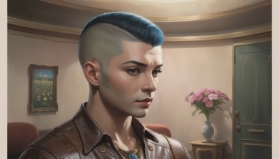 solo,short hair,shirt,black hair,1boy,brown eyes,jewelry,blue hair,white shirt,upper body,flower,male focus,earrings,parted lips,indoors,necklace,lips,chair,piercing,portrait,realistic,nose,stud earrings,very short hair,undercut,vase,pompadour,mohawk,portrait (object),jacket,table,pink flower